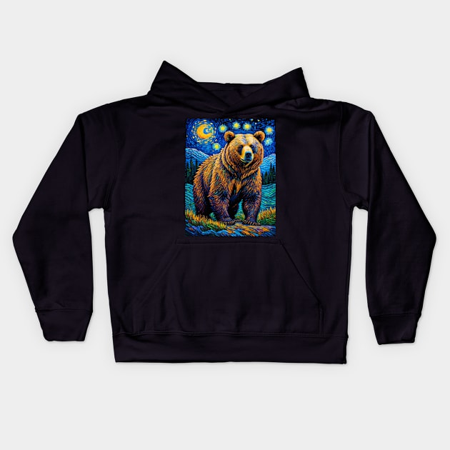 Grizzly on starry night Kids Hoodie by FUN GOGH